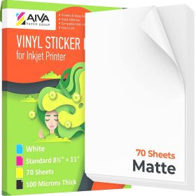 Printable Vinyl Sticker Paper Waterproof Decal Paper for Inkjet Printer 70 Self Adhesive Sheets Matte White Standard Letter Size 8.5 x11 inch