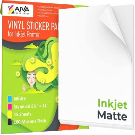 Printable Vinyl Sticker Paper for Inkjet Printer Matte White 15 Self Adhesive Sheets Waterproof Decal Paper Standard Letter Size 8.5x11 inch
