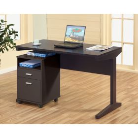 Home office desk with modesty panel and detached file cabinet on locking wheels with two drawers file drawer cubby shelf metal bar handle Red Cocoa co
