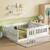 Full Size Floor Bed with Heightened Safety Guardrails and Door, Solid Wood Bedframe with Rails for Girls, Boys, Teens, Child Bedroom, Kids Playroom