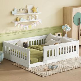 Full Size Floor Bed with Heightened Safety Guardrails and Door, Solid Wood Bedframe with Rails for Girls, Boys, Teens, Child Bedroom, Kids Playroom