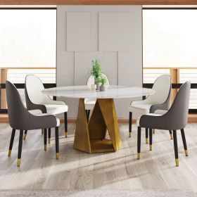 59.05" Round Marble Dining Table with Bronze Iron Metal Base, Artificial Marble for 6-8 People, Dining Room/Living Room Kitchen Dining Table