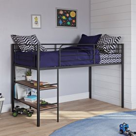 Metal double loft bed with open bookshelves in various finishes