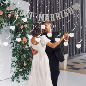 13 Pcs Wedding Decorations Set Include Just Married Garland and 12 Heart Hanging Streamers White Foil Spiral Ceiling Pendent Just Married Photo Banner