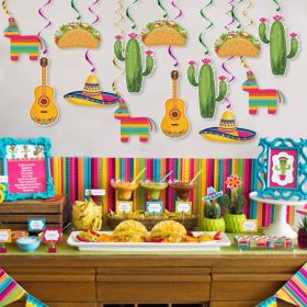 20Pcs Mexican Fiesta Hanging Swirl Decorations Mexican Cinco De Mayo Party Favor Supplies Pinata Cactus Sombrero Taco  Pattern Foil Ceiling Ornament f