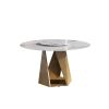 59.05" Round Marble Dining Table with Bronze Iron Metal Base, Artificial Marble for 6-8 People, 31.5"White Artificial Stone Turntable