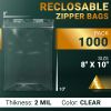 Clear Plastic Reclosable Zipper Bags, 8 x 10 Inch. Pack of 1000 Resealable Plastic Bags. High Clarity Polypropylene Reclosable Zip Bags