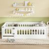 Full Size Floor Bed with Heightened Safety Guardrails and Door, Solid Wood Bedframe with Rails for Girls, Boys, Teens, Child Bedroom, Kids Playroom