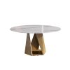 59.05" Round Marble Dining Table with Bronze Iron Metal Base, Artificial Marble for 6-8 People, Dining Room/Living Room Kitchen Dining Table