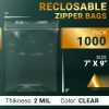 Clear Plastic Reclosable Zipper Bags, 7 x 9 Inch. Pack of 1000 Resealable Plastic Bags. High Clarity Polypropylene Reclosable Zip Bags