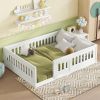 Full Size Floor Bed with Heightened Safety Guardrails and Door, Solid Wood Bedframe with Rails for Girls, Boys, Teens, Child Bedroom, Kids Playroom