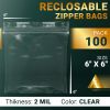 Clear Plastic Reclosable Zipper Bags, 6 x 6 Inch. Pack of 100 Resealable Plastic Bags. High Clarity Polypropylene Reclosable Zip Bags