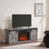Fireplace TV Stand for Television up to 65 Inch with Storage and Farmhouse Sliding Barn Doors, Entertainment Center with Cabinet and Shelves,Grey