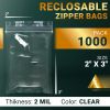 Clear Plastic Reclosable Zipper Bags, 2 x 3 Inch. Pack of 1000 Resealable Plastic Bags. High Clarity Polypropylene Reclosable Zip Bags