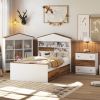 3-Pieces Bedroom Sets, Twin Size House-Shaped Wooden Bed with Storage Drawers, Nightstand with Colorblock Design and House-shaped Stroage Rack