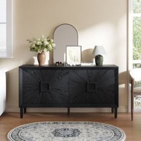 60'' Premium Rustic American Farmhouse Credenza - Symmetrical Sunburst Door Design, Heavy-Duty Antique Wood TV Stand With Adjustable Shelves, Sto (Color: black)