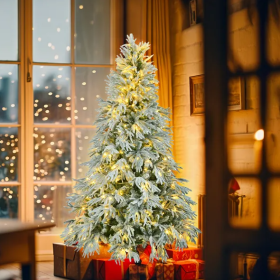 6FT Pre-Lit Spruce Snow Flocked Christmas Tree, Artificial Hinged Xmas Tree With 300 Multi-Color LED Lights, 8 Flashing Modes &790 Snow Branch Ti (Option: WhiteGreen)