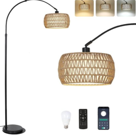 Simian Rattan Standing Lamp, 3 Color Temperature Adjustable Unavailable Platforms- Welfel (Color: black)