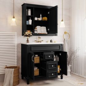 36'' Bathroom Vanity With Top Sink, Royal Blue Mirror Cabinet, Modern Bathroom Storage Cabinet With 2 Soft Closing Doors And 2 Drawers, Single Si (Color: black)