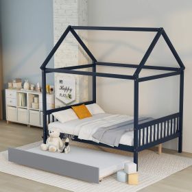NAVY BLUE HOUSE FULL BED WITH TRUNDLE OF GREY COLOR (Color: Blue)