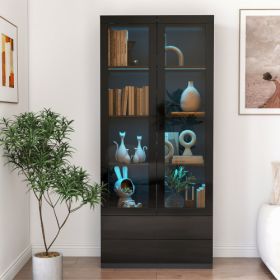 Display Cabinet With Glass Doors, Curio Storage Cabinet With 2-Drawer, Bookcase With LED Lights, Black (Color: black)