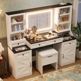 61.5 Farmhouse Vanity Desk With Mirror And LED Lights, Dressing Table With 5 Drawers And 4 Cabinets, Makeup Vanity Table Set With Glass Visual De (Color: White)