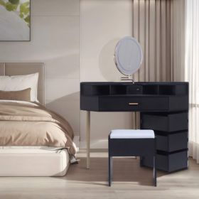 Black Dressing Table Stool Set, Movable Mirror, Tri Color Illuminated Mirror, Four Drawers, With Socket (Color: black)