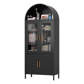 Metal Arched Storage Cabinet, Black Arch Bookcase With Glass Doors, Modern Freestanding Kitchen Pantry Cabinet For Home Office Bar Living Room (Color: black)