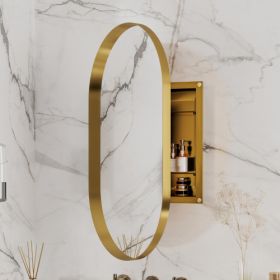 20x34 Inch Oval Recessed Medicine Cabinet, Metal Framed Bathroom Wall Cabinet With Mirror And Adjustable Shelves, Wall Mirror With Storage For Ba (Color: Gold)