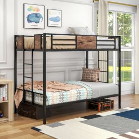 Twin Over Twin Size Metal Bunk Bed With Double Safety Guard Rails, Heavy Duty, Space-Saving Design, Steel Bed For School, Bedroom (Color: black)