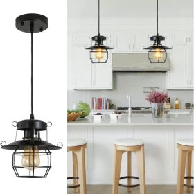 Vintage Farmhouse Pendant Light Rustic Metal Caged Pendant Lights Black Cage Hanging Lamp For Kitchen Island Entryy Bedrooms Living Room Barn,Adj (Color: black)