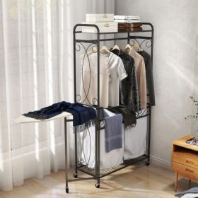 Multi-Functional Laundry Hamper Organizer With Hanging Rail And Storage Shelf Rolling Laundry Cart With Wheels (Color: black)