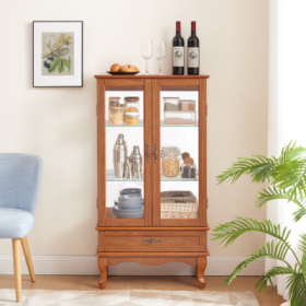 Lighted Glass Cabinet Glass Wine Cabinet Curio Display Cabinet With Adjustable Glass Shelves 2 Doors And 1 Drawer Cabinet Bulb Included OAK (Option: OAK)