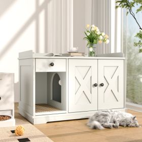 GO Cat Litter Box Enclosure, Litter Box Furniture Hidden With Cat Litter Mat, Indoor Cat House With Storage Drawer Side Table, Farmhouse Style Ca (Color: White)