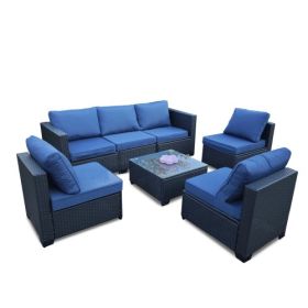 Seven-Piece Sofa Set Table With Sofa Chair Black PE Rattan Outdoor Furniture 7-JH001 Box 3-1-2-3 With Blue Color Cushion (Color: black)