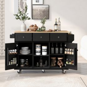 Kitchen Cart With Rubberwood Drop-Leaf Top, Cabinet Door, Storage Racks (Color: black)