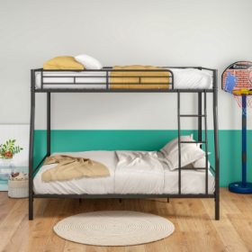 Heavy Duty Metal Bunk Bed Full Over Queen Bunk Bed Frame For Adults, Noise Free Frames, No Boxing Spring Needed (Color: black)