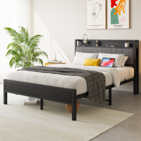 Full Size Bed Frame, Storage Headboard With Charging Station, Solid And Stable, No Box Spring Needed, Easy Assembly (Color: black)