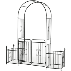 Romantic Archway 86 Metal Garden Arch With Planters For Climbing Vines, Black (Color: black)