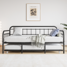 Twin Size Metal Daybed Frame With Trundle, Heavy Duty Steel Slat Support Sofa Bed Platform With Headboard, No Box Spring Needed, Black (Color: black)