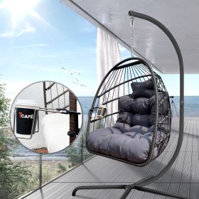 Swing Egg Chair with Stand Indoor Outdoor, UV Resistant Cushion Hanging Chair with Guardrail and Cup Holder (Color: black)