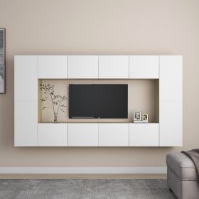8 Piece TV Cabinet Set White and Sonoma Oak Engineered Wood (Color: Beige)