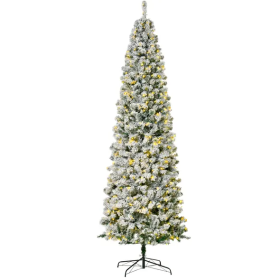 9ft Pre-Lit Snow-Flocked Slim Douglas Fir Artificial Christmas Tree With Realistic Branches, 550 LED Lights And 988 Tips (Color: Green)