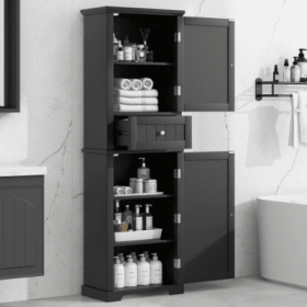 Tall Bathroom Storage Cabinet, Freestanding Storage Cabinet With Drawer And Adjustable Shelf, MDF Board With Painted Finish (Color: black)