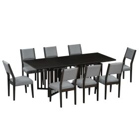 Farmhouse 9-Piece 83.9inch Extendable Dining Table Set with 2 12-inch Removable Leaves and 8 Upholstered Dining Chairs (Material: Rubber Wood, Color: Espresso)