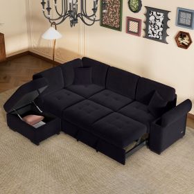 Sleeper Sectional Sofa, L-Shape Corner Couch Sofa-Bed with Storage Ottoman & Hidden Arm Storage & USB Charge for Living Room Apartment (Material: Velvet, Color: black)