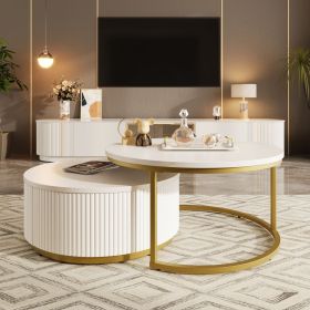 Modern Round Nesting Coffee Table Fluted with Drawer in 31.5'' (Material: MDF, Color: Golden+White)