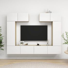 6 Piece TV Cabinet Set White and Sonoma Oak Engineered Wood (Color: Beige)