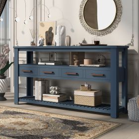 62.2'' Modern Console Table Sofa Table for Living Room with 4 Drawers and 2 Shelves (Material: Solid Wood+MDF, Color: Navy Blue)