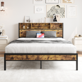 Queen Bed Frame With Storage Headboard, Metal Platform Bed With Charging Station, Bookcase Storage, No Box Spring Needed, Easy Assembly, Noise-Fr (Color: black)